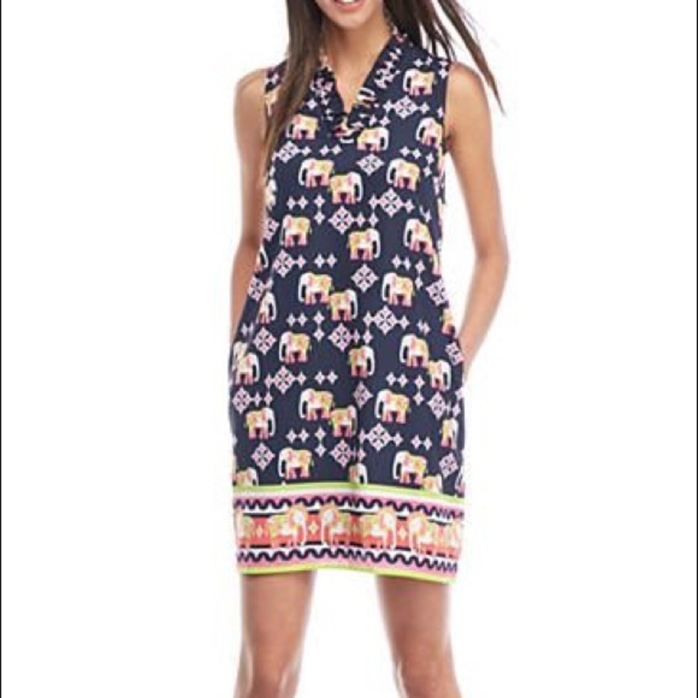 CROWN & IVY • Navy + Pink elephant Tank Ruffle Neck Dress